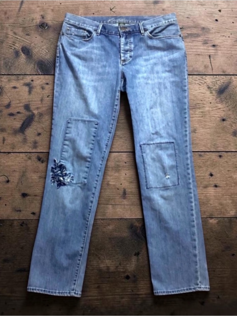 Eddie Bauer Distressed Light Blue Patchwork Embroidered Boot Cut Jeans
